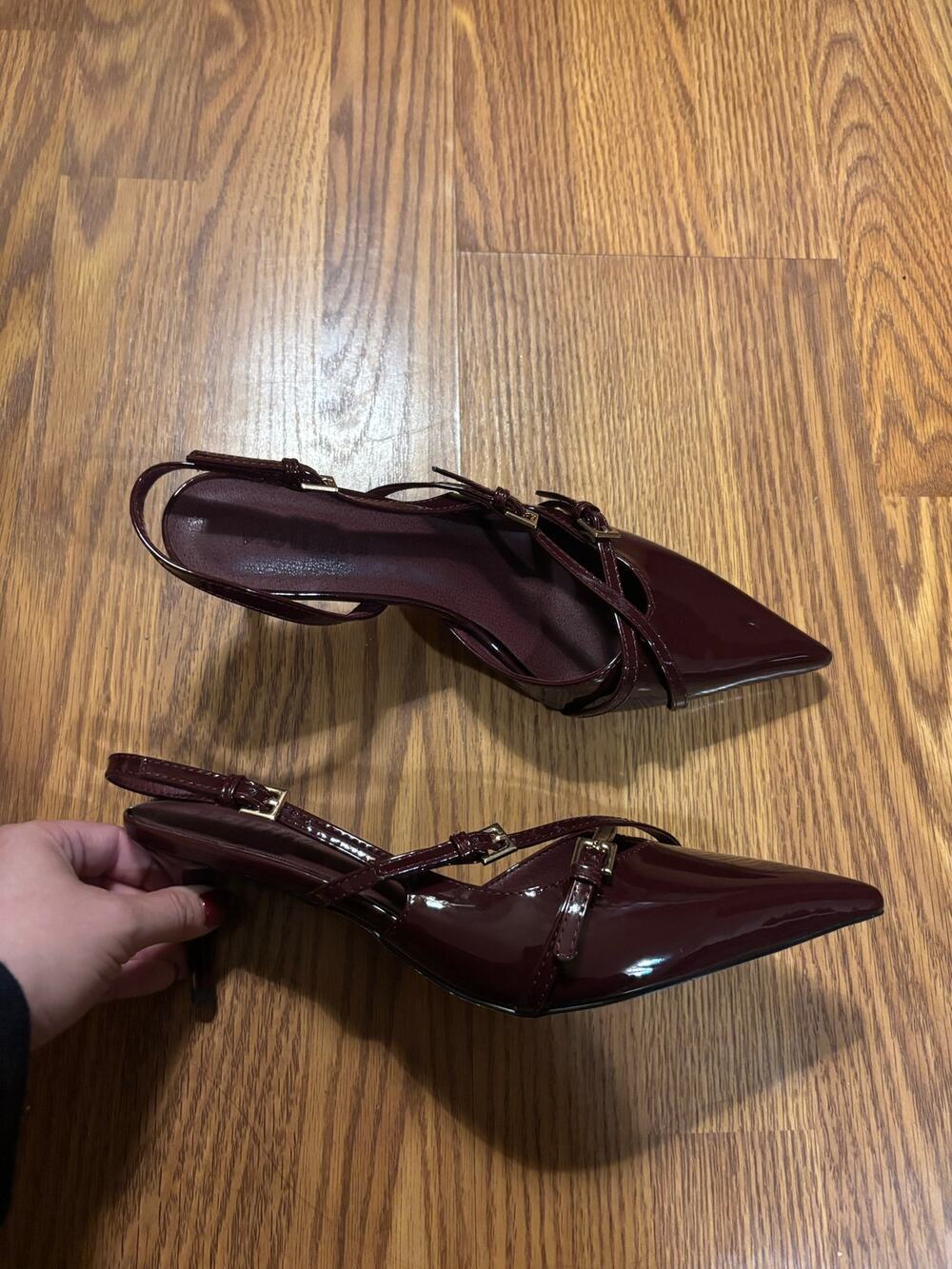 Volrina Burgundy Red Patent Leather Pointed Toe Slingback Buckle Kitten Heels
